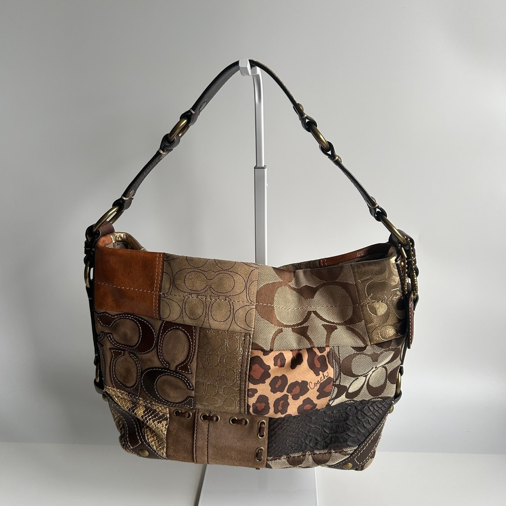 Coach Carly Patchwork Brown Mixed Leather Suede Hobo Bag 11496